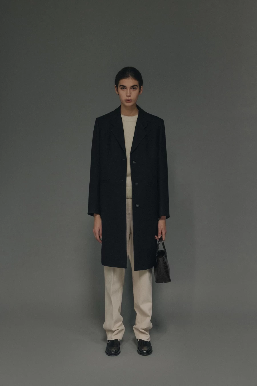 "Black Twill Coat - Classic Single Breasted Parker Style"