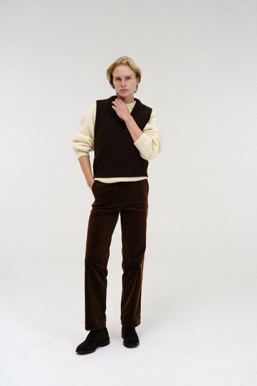 Nothing Written Men's Brown Wool Chess Pattern Vest - Classic Knit Waistcoat for Casual Style