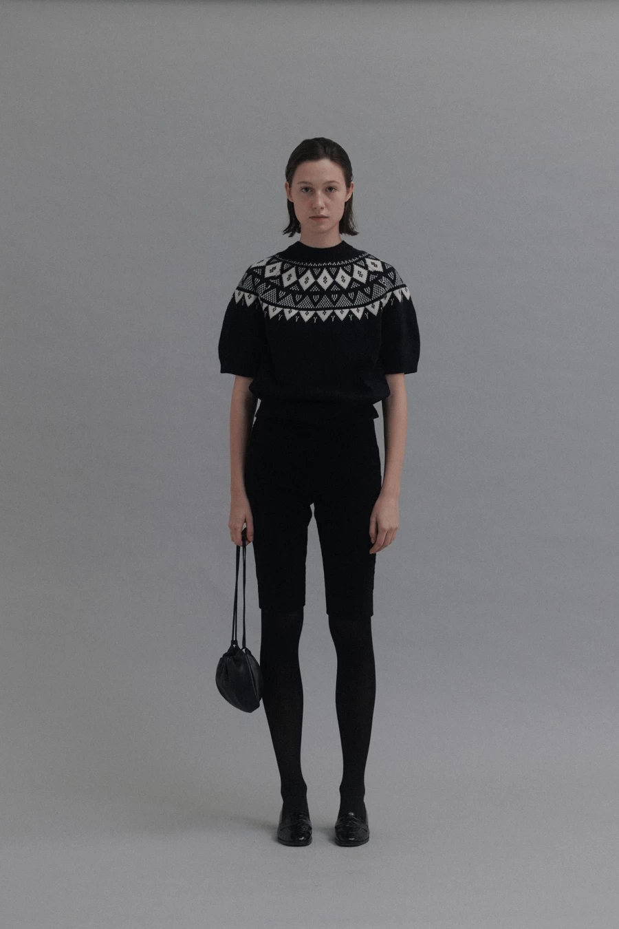 "Nothing Written Ailos Pattern 3rd Short Sleeve Knit Top Dark Navy"