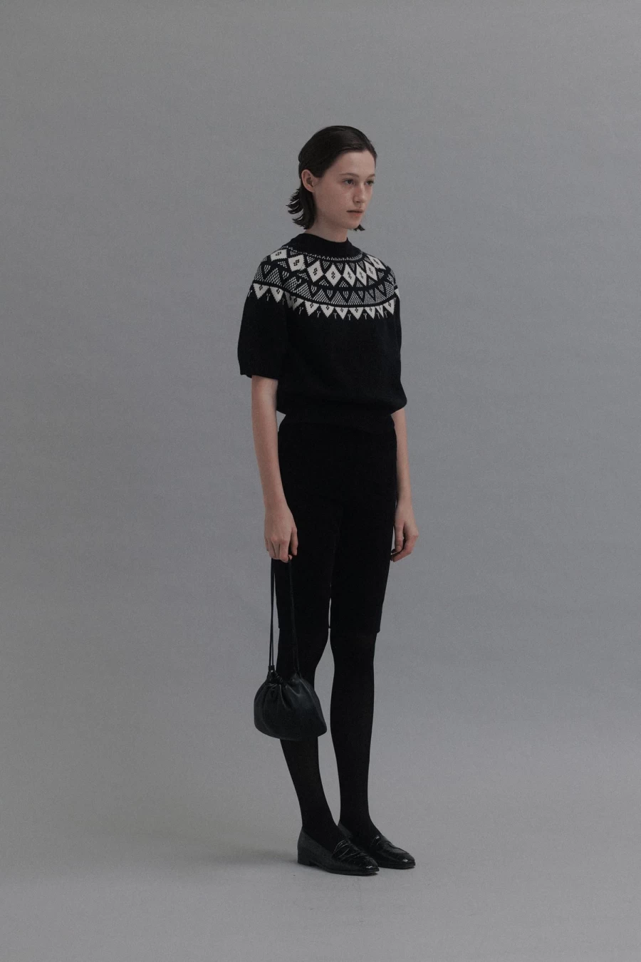 "Nothing Written Ailos Pattern 3rd Short Sleeve Knit Top Dark Navy"