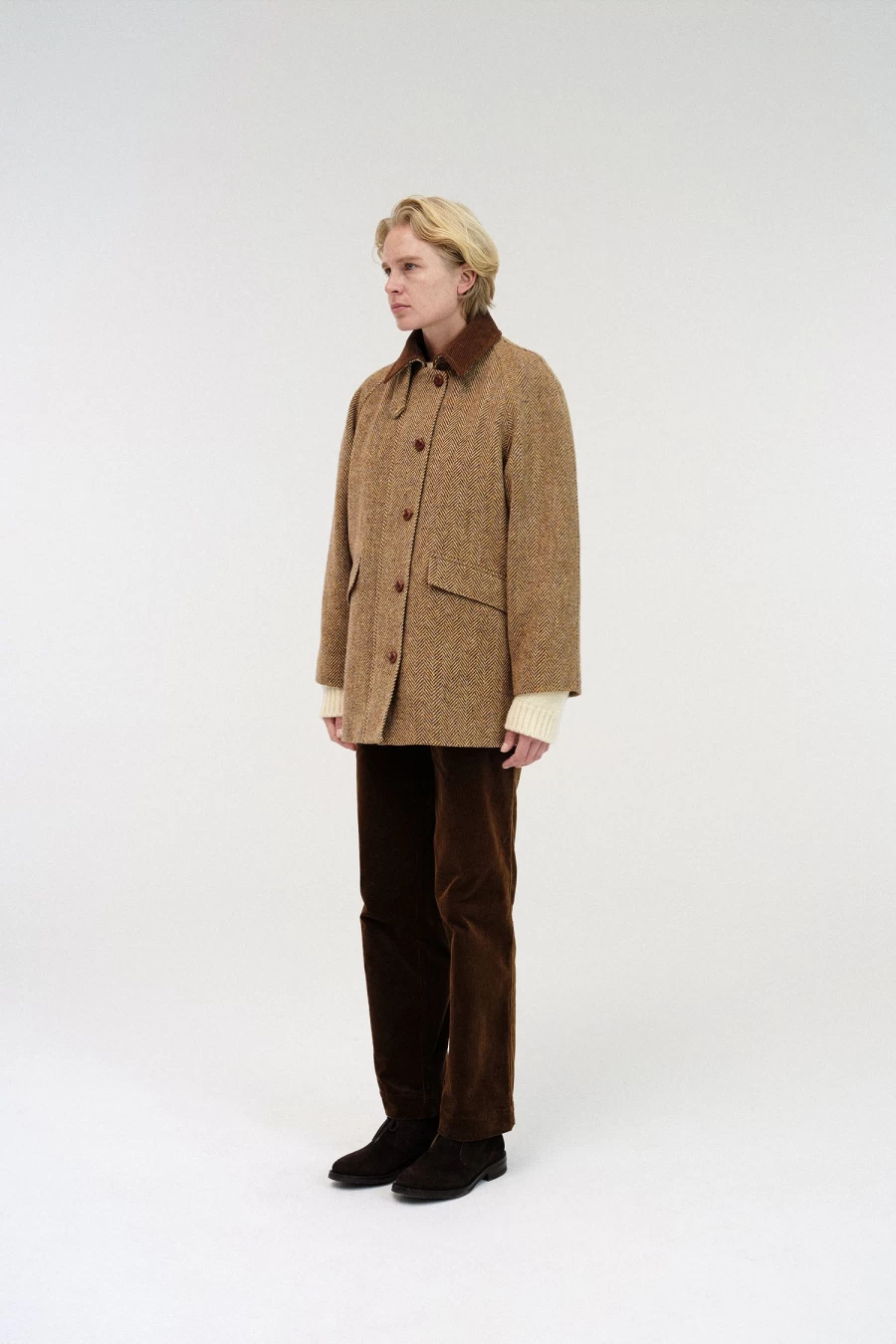 "Brown Herringbone Wool Balmacaan Coat - Classic Long Overcoat for Men"