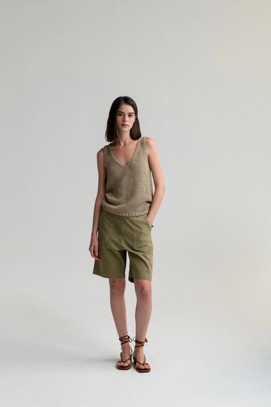 "Bamboo V-Neck Sleeveless Knit Top - Beige Khaki | Nothing Written"