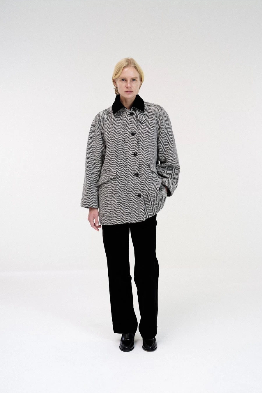 "Black Herringbone Balmacaan Coat - Stylish Half Coat for Men & Women"