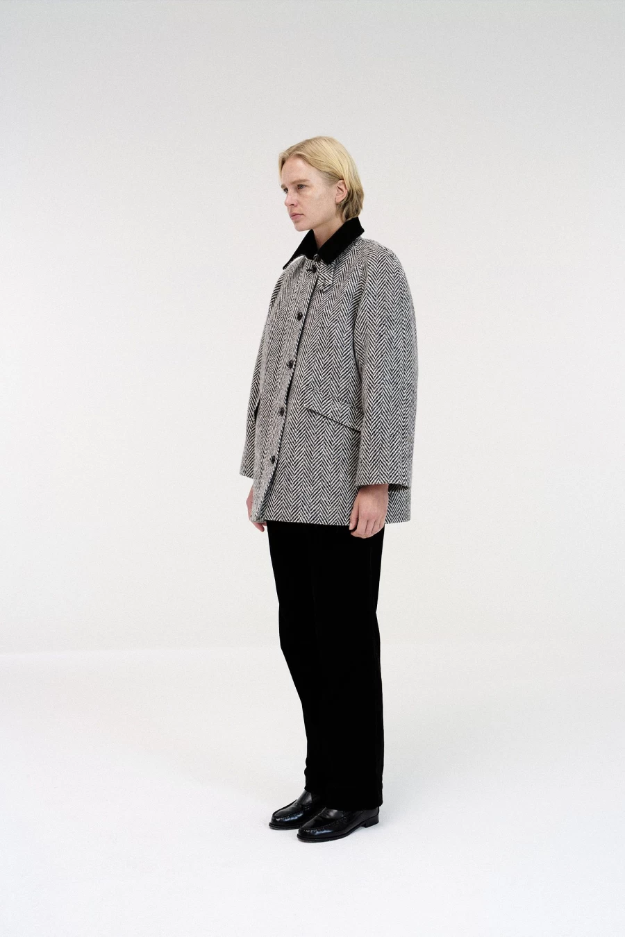 "Black Herringbone Balmacaan Coat - Stylish Half Coat for Men & Women"